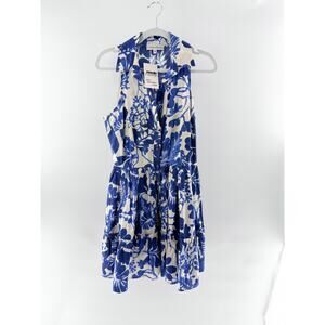 Cara Cara 100% Cotton Sleeveless Floral Mini Shirt Dress Blue Cream Womens Small
